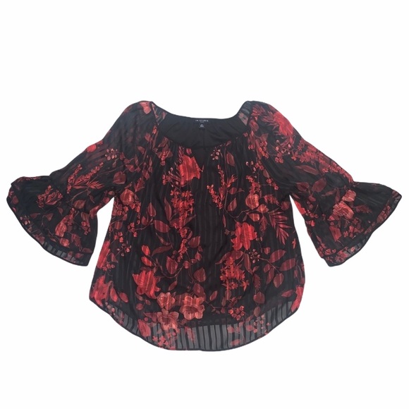 I.N. Studio 2X bell sleeve blouse black and red - Picture 1 of 8